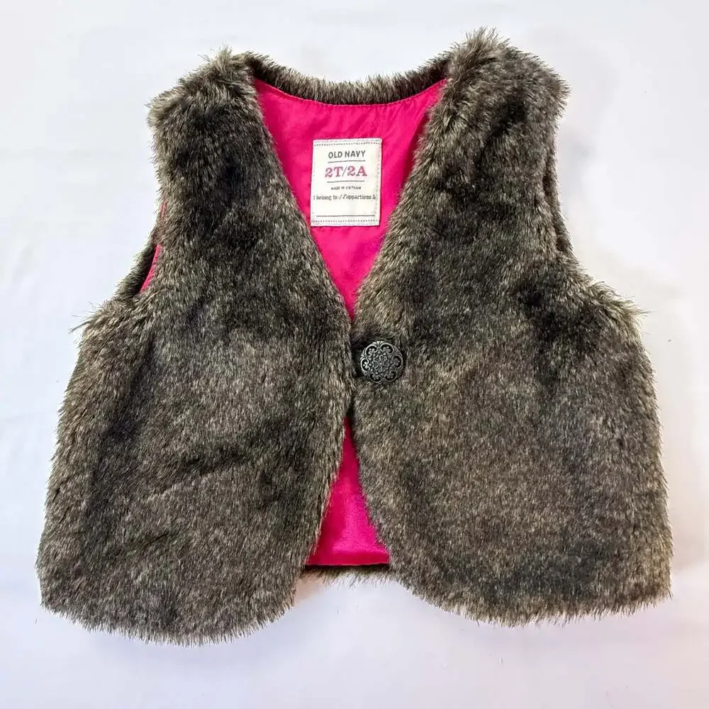 Old Navy Brown Faux Fur Vest Single Button Pink Lining Size 2T